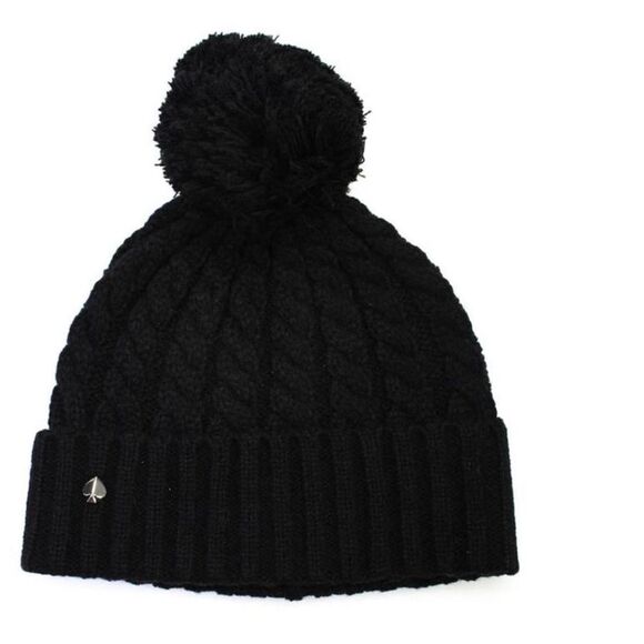 ♠️ Kate Spade Cable Knit Pom Pom Beanie Hat Black One Size MSRP $58.00 NWT - Picture 4 of 7